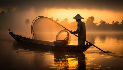 Ein Fischer wirft bei Sonnenaufgang seine Netz aus, A fisherman casts his net at sunrise - obrazy, fototapety, plakaty