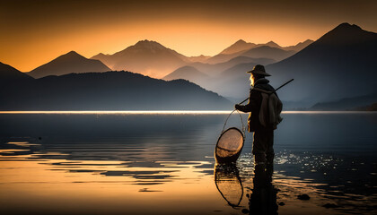 Ein Fischer wirft bei Sonnenaufgang seine Netze aus, A fisherman casts his nets at sunrise, - obrazy, fototapety, plakaty