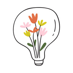 Flowers inside lightbulb. Eco concept. Vector illustration on white background.