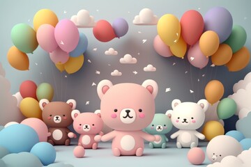 Generative AI of cute bear family with balloons and sky background.