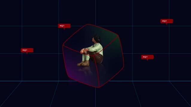 A miniature person sitting in a box graphic. Concept of social problems cyberbullying.
