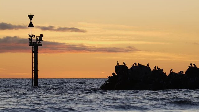 Sunset At Glenelg Beach Bay And Sunset With Seagulls On Rocks 