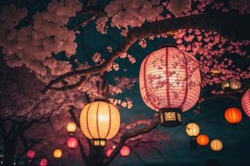 Sakura-themed lantern festival at night with glowing pink lights and paper lanterns