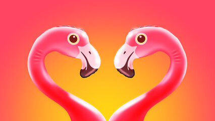 Cute loving inflatable flamingos looking at each other
