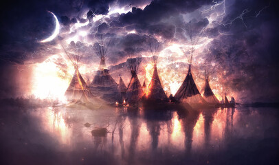teepee indian tent standing in beautiful night landscape. Digital art. © jozefklopacka