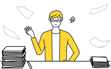 片付かない業務にうんざりするカジュアルな格好をした若い男性