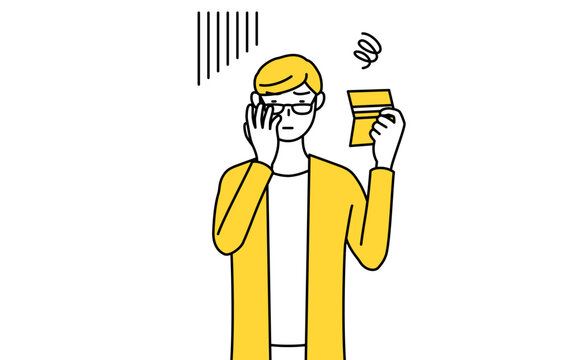 recommend clip art: 預金通帳を見て落ち込むカジュアルな格好をした若い男性