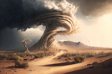 Tornado, wind storm with air funnel in desert. Generative AI. - obrazy, fototapety, plakaty