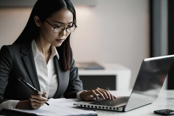 Unrecognizable businessman with illuminated light bulb, working on laptop at office, cropped, concept for idea, innovation and inspiration in business, business opportunities, AI generated
