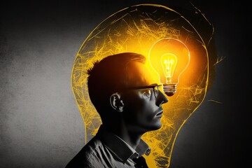 Unrecognizable businessman with illuminated light bulb, working on laptop at office, cropped, concept for idea, innovation and inspiration in business, business opportunities, AI generated