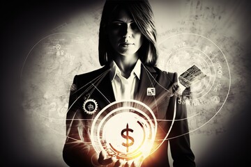 Unrecognizable businessman with illuminated light bulb, working on laptop at office, cropped, concept for idea, innovation and inspiration in business, business opportunities, AI generated