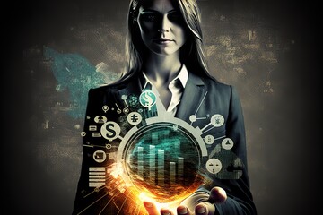 Unrecognizable businessman with illuminated light bulb, working on laptop at office, cropped, concept for idea, innovation and inspiration in business, business opportunities, AI generated