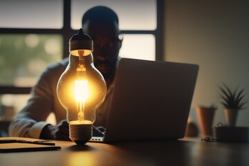 Unrecognizable businessman with illuminated light bulb, working on laptop at office, cropped, concept for idea, innovation and inspiration in business, business opportunities, AI generated