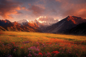 A beautiful mountain meadow full of flowers. Digital art.