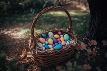 Fototapeta na wymiar Basket filled with easter eggs hidden under a tree in a park