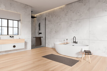 Stylish bathroom interior with sink, douche and bathtub with accessories