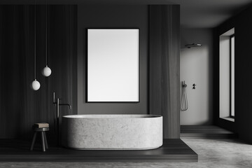 Grey bathroom interior with bathtub and douche, window. Mockup frame