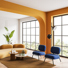 Colored lounge zone interior with couch, armchairs and panoramic window