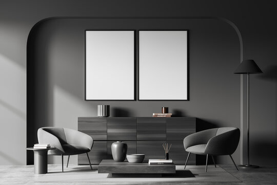 Grey chill room interior with seats and dresser with coffee table, mockup frame