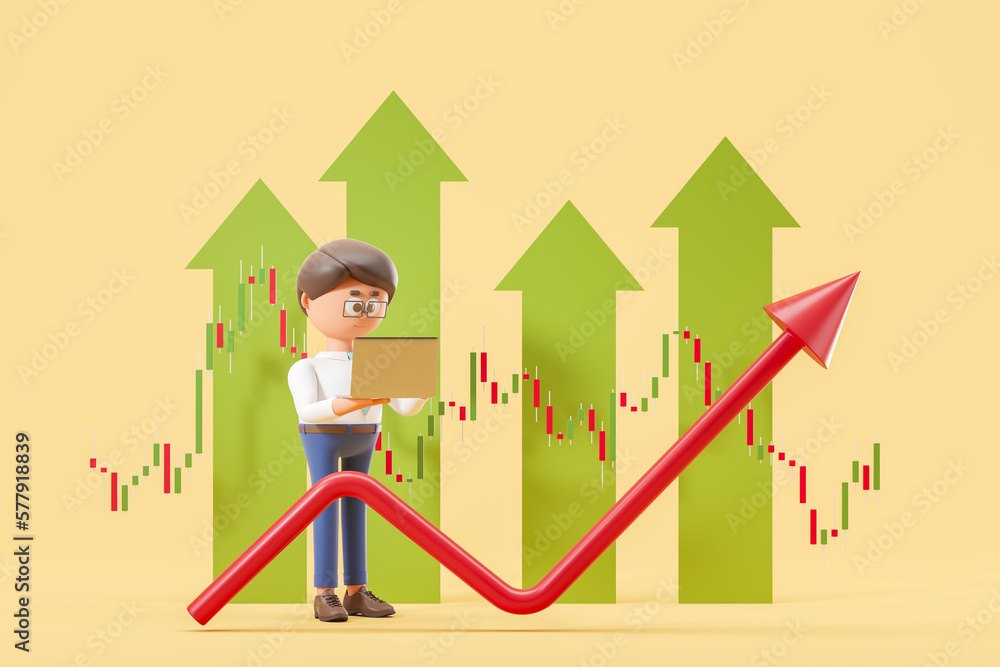 Poster 3d rendering. cartoon man with computer, stock market chart and rising graph line
