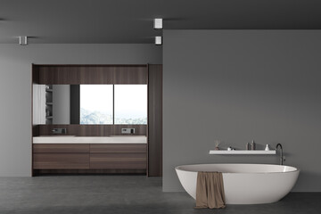 Fototapeta na wymiar Grey hotel bathroom interior with double sink and tub, mockup wall
