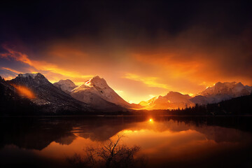 beautiful landscape with mountains and lake at sunset. Digital art.
