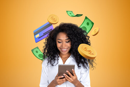 Black businesswoman with tablet, coins and banknotes with credit
