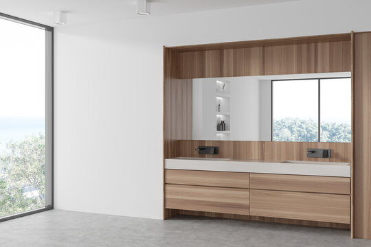Modern wooden bathroom interior with sink and panoramic window. Mockup wall