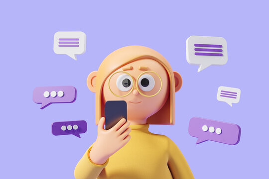 3d rendering. Cartoon woman with phone, text message bubbles