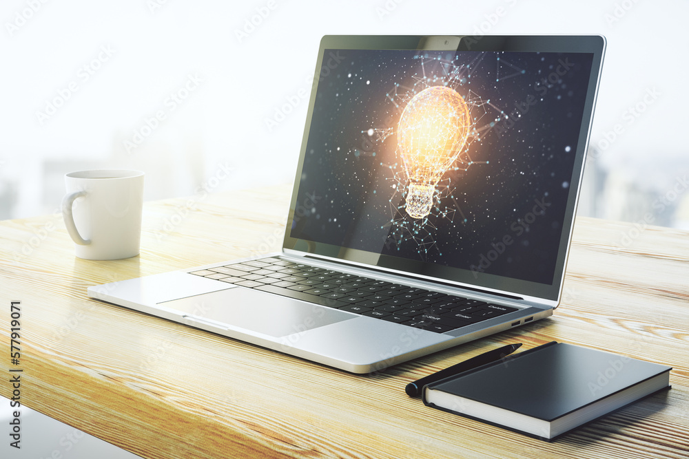Poster Creative light bulb illustration on modern computer monitor, future technology concept. 3D Rendering