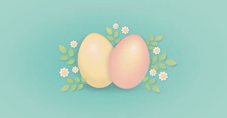 Pastel easter egg with flowers, spring holidays 3d eggs background