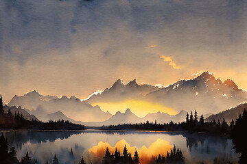 beautiful landscape with mountains and lake, watercolor style. Digital art.