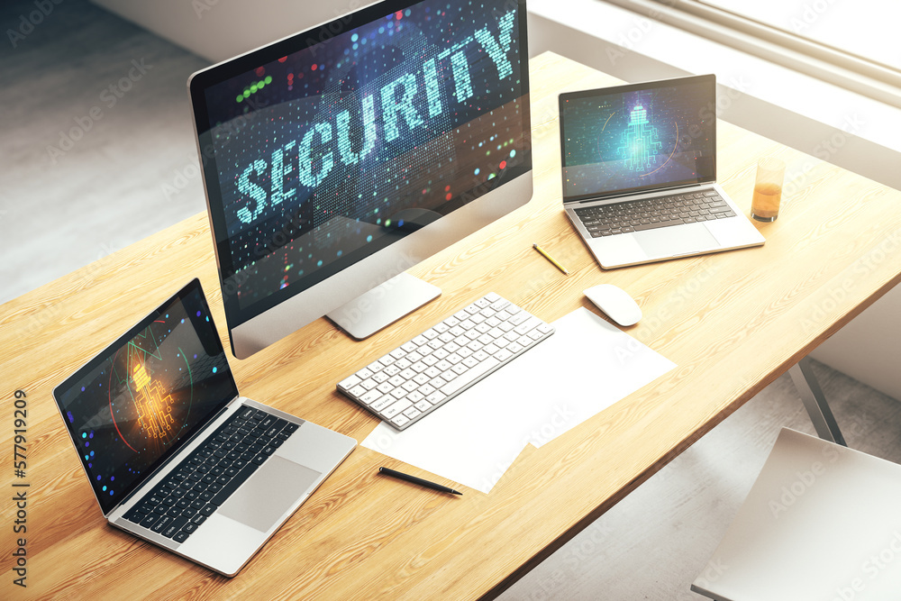 Poster cyber security creative concept on modern laptop monitor. 3d rendering