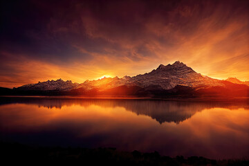 beautiful landscape with mountains and lake at sunset. Digital art.