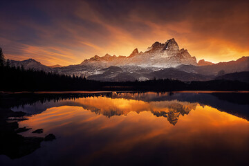 Fototapeta premium beautiful landscape with mountains and lake at sunset. Digital art.