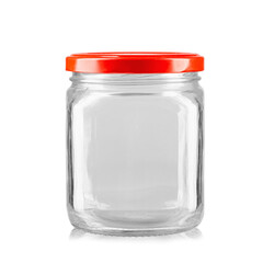 Empty jar with red lid. Isolated on a white background.