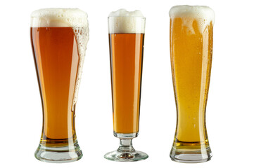 Set of beer glasses on white background. The foam of the drink pours over the glass.