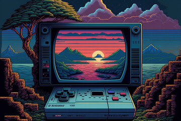 Retro electronic games, with pixelated landscapes and gaming references. Created with generative AI technology.