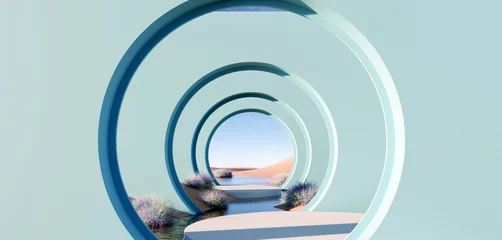 Poster Im Rahmen 3d render Surreal pastel landscape background with geometric shapes, abstract fantastic desert dune in seasoning landscape with arches, panoramic, futuristic scene with copy space, blue sky and cloudy © TANATPON