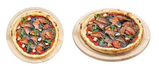 Delicious pizza with mozzarella, cuttlefish ink, served on a wooden plate isolated on a white background. Concept for advertising flyer and poster for restaurants or pizzerias. 