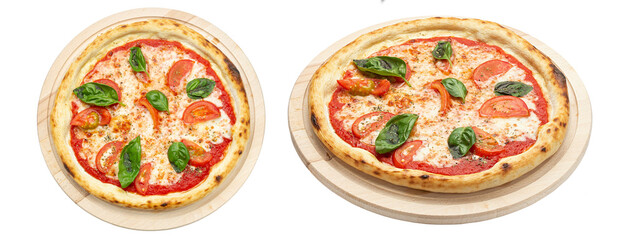 Delicious vegan pizza with mozzarella, tomatoes, mushrooms, served on a wooden plate isolated on a white background. Concept for advertising flyer and poster for restaurants or pizzerias.