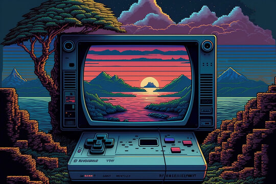 Retro electronic games, with pixelated landscapes and gaming references. Created with generative AI technology.