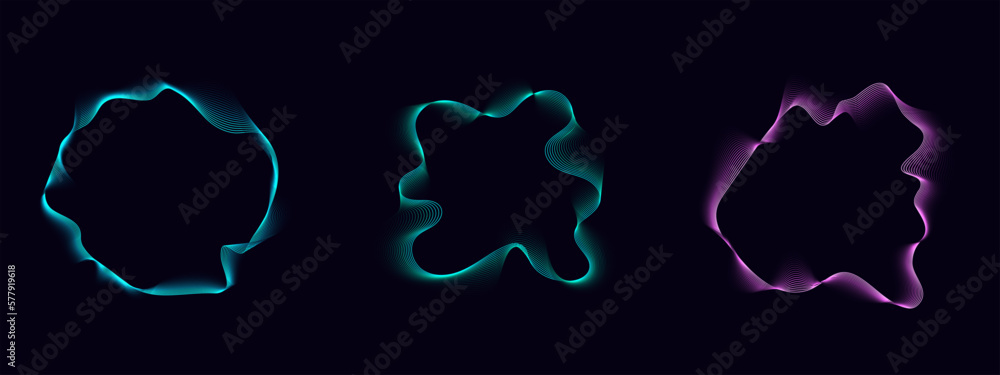 Poster set of sound futuristic radial waves. flow of wavy lines music noise. fluctuation of the frequency o