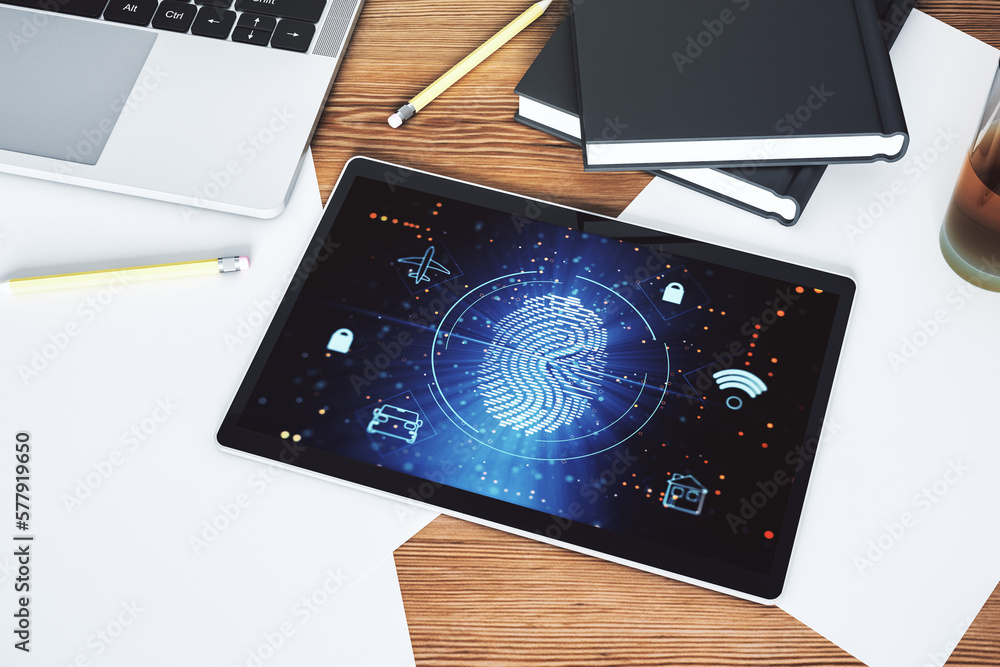 Poster modern digital tablet monitor with abstract creative fingerprint hologram, research and development 
