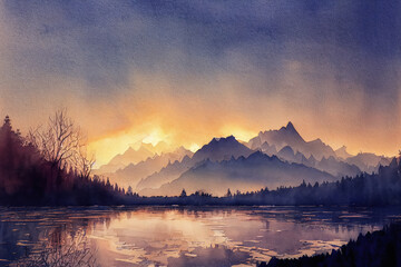 Fototapeta na wymiar beautiful landscape with mountains and lake, watercolor style. Digital art.