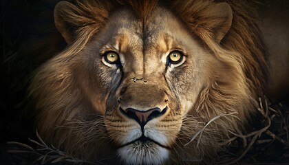 Lion dans la savane Africaine, portrait façon documentaire animalier du roi des animaux, ia générative 7