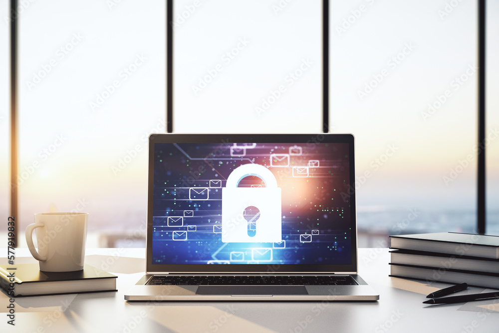 Poster Modern computer monitor with creative lock hologram and email symbols. Information security concept. 3D Rendering