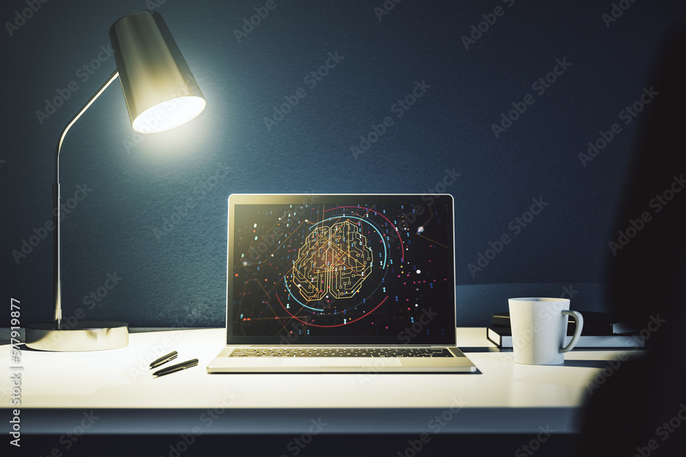 Poster creative artificial intelligence concept with human brain hologram on modern laptop screen. 3d rende