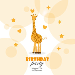An invitation to a birthday party with a cartoon giraffe and orange transparent circles. Vector illustration