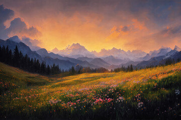 Fototapeta na wymiar A beautiful mountain meadow full of flowers. Digital art.